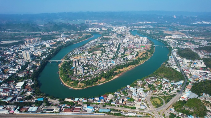 崇左左江大转弯城市建筑风光航拍