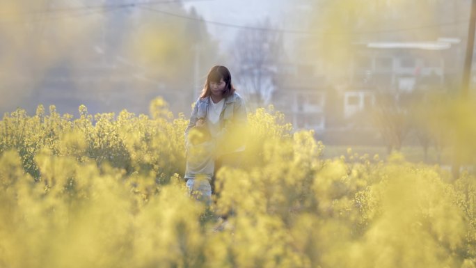 油菜花田中嬉戏的母子