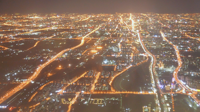 北京首都机场 飞机下的北京夜景 灯火通明