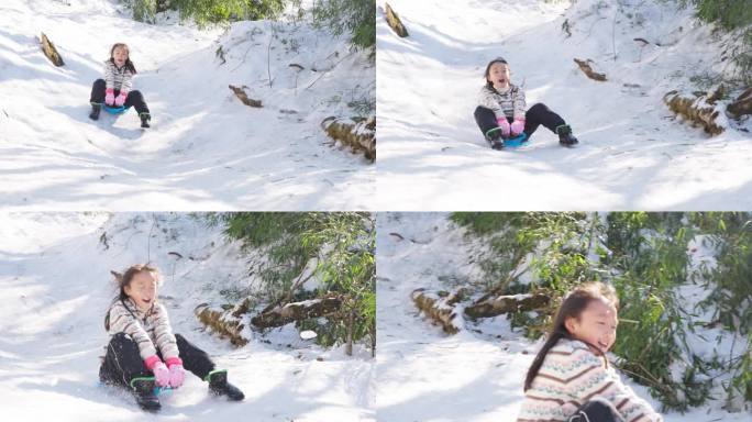 寒假冬天玩雪快乐滑雪玩耍的小孩