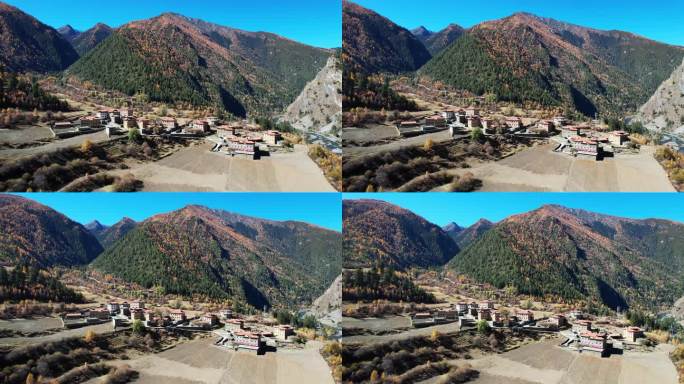 川西藏族村庄和秋天的山谷航拍