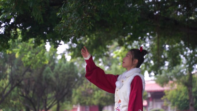 古装美女站在树下发呆伤感思念伸手摘树叶