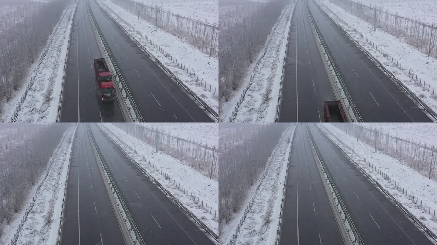 风雪中高速公路缓行货运卡车