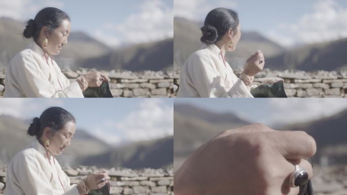 藏族藏民 河边刺绣 纪录片
