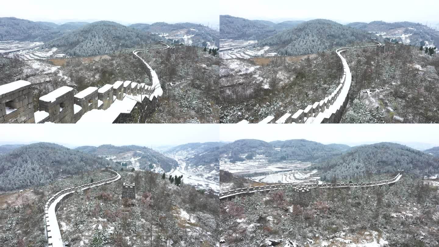 航拍湖南湘西南方长城雪景