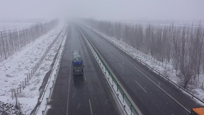 风雪中高速公路货运车队