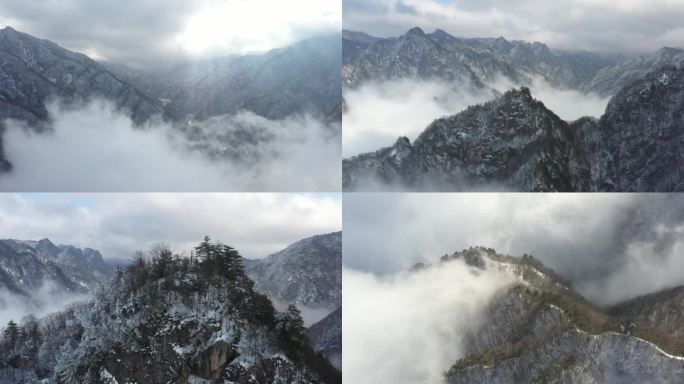 航拍秦岭冬日云海雪景