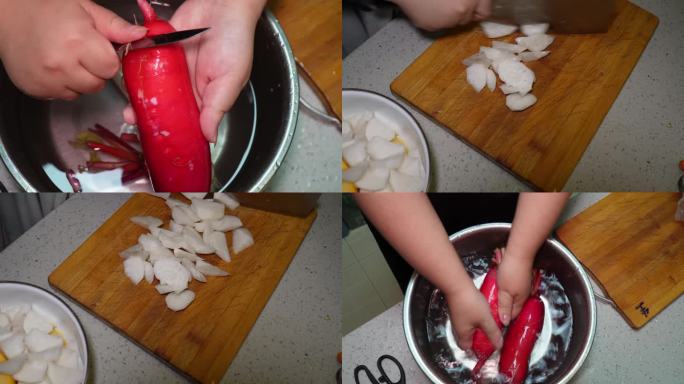 镜头合集清洗卞萝卜红萝卜削皮切滚刀(3)