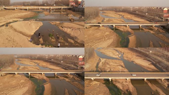 河道 桥 车辆 马路  航拍 河沙 水道