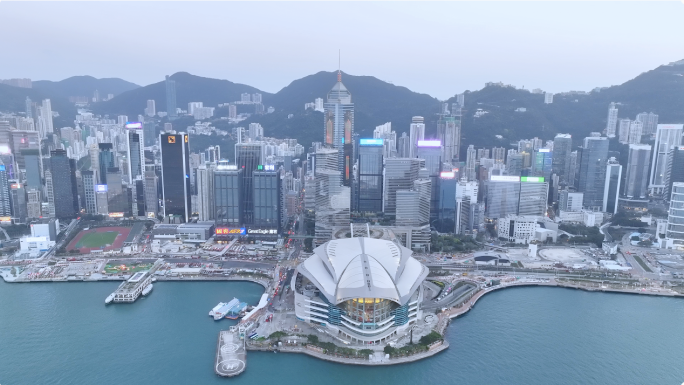 航拍香港会议展览中心 香港地标建筑