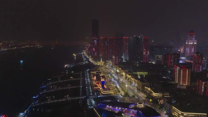 航拍武汉汉口江滩边上夜景夜景灯光秀