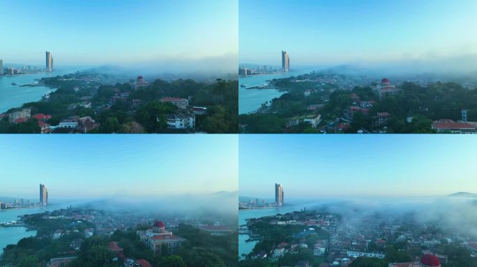 清晨迷雾下的厦门鼓浪屿和双子塔4K航拍3