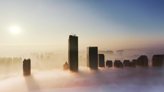 4K哈尔滨城市航拍云雾流浪地球