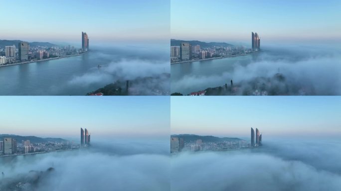 清晨迷雾下的厦门鼓浪屿和双子塔4K航拍
