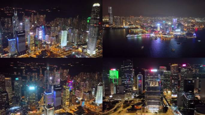 航拍香港港口夜景 香港国际金融中心