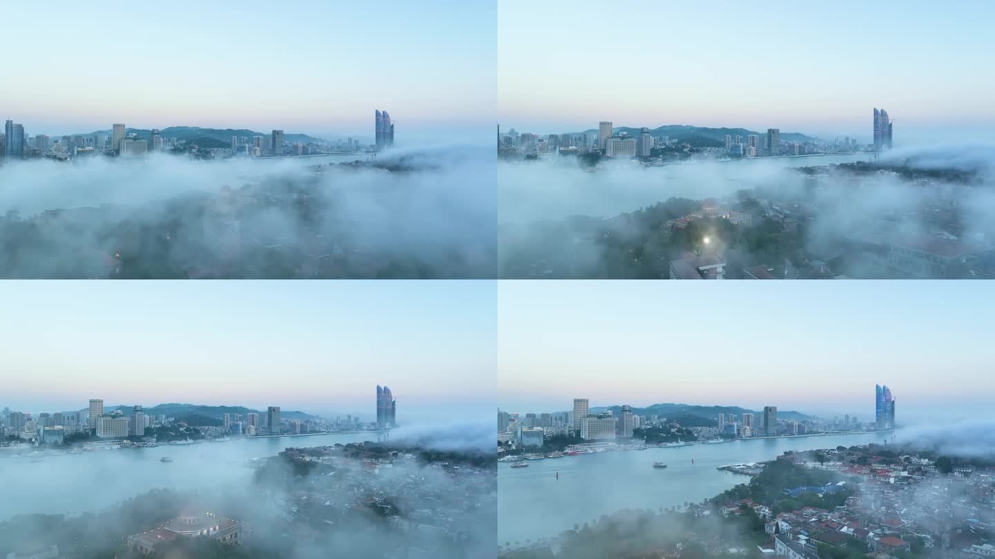 清晨迷雾下厦门鼓浪屿和双子塔4K航拍-2