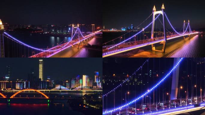 4k长沙湘江三汊矶大桥夜景航拍