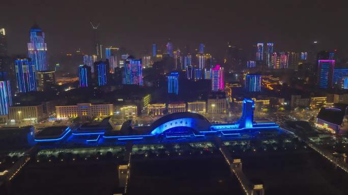 航拍武汉汉口武汉科学技术馆夜景灯光秀