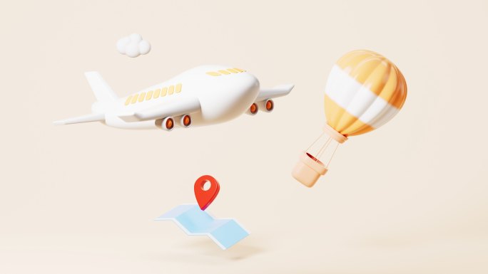 卡通飞机和热气球场景动画3D渲染