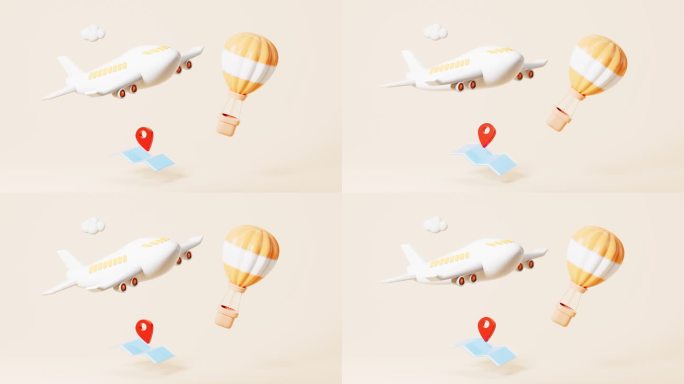卡通飞机和热气球场景动画3D渲染