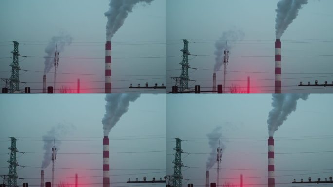 城市发电站火电站烟雾黄昏城市污染