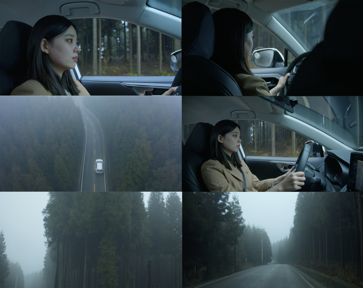 汽车行驶在森林山路航拍 美女开车