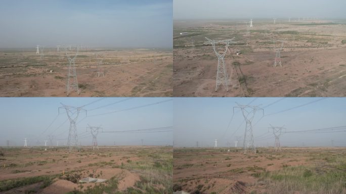 新疆戈壁滩输电线路航拍