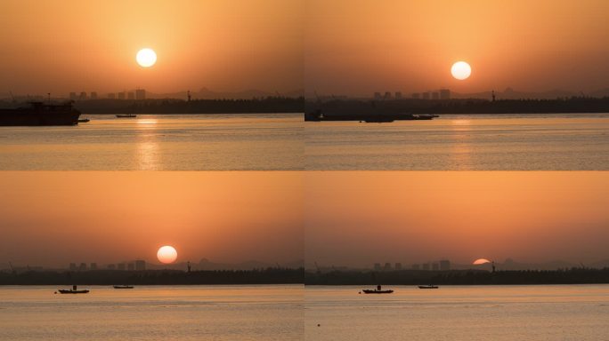 4K长江边日落延时 巨大的太阳