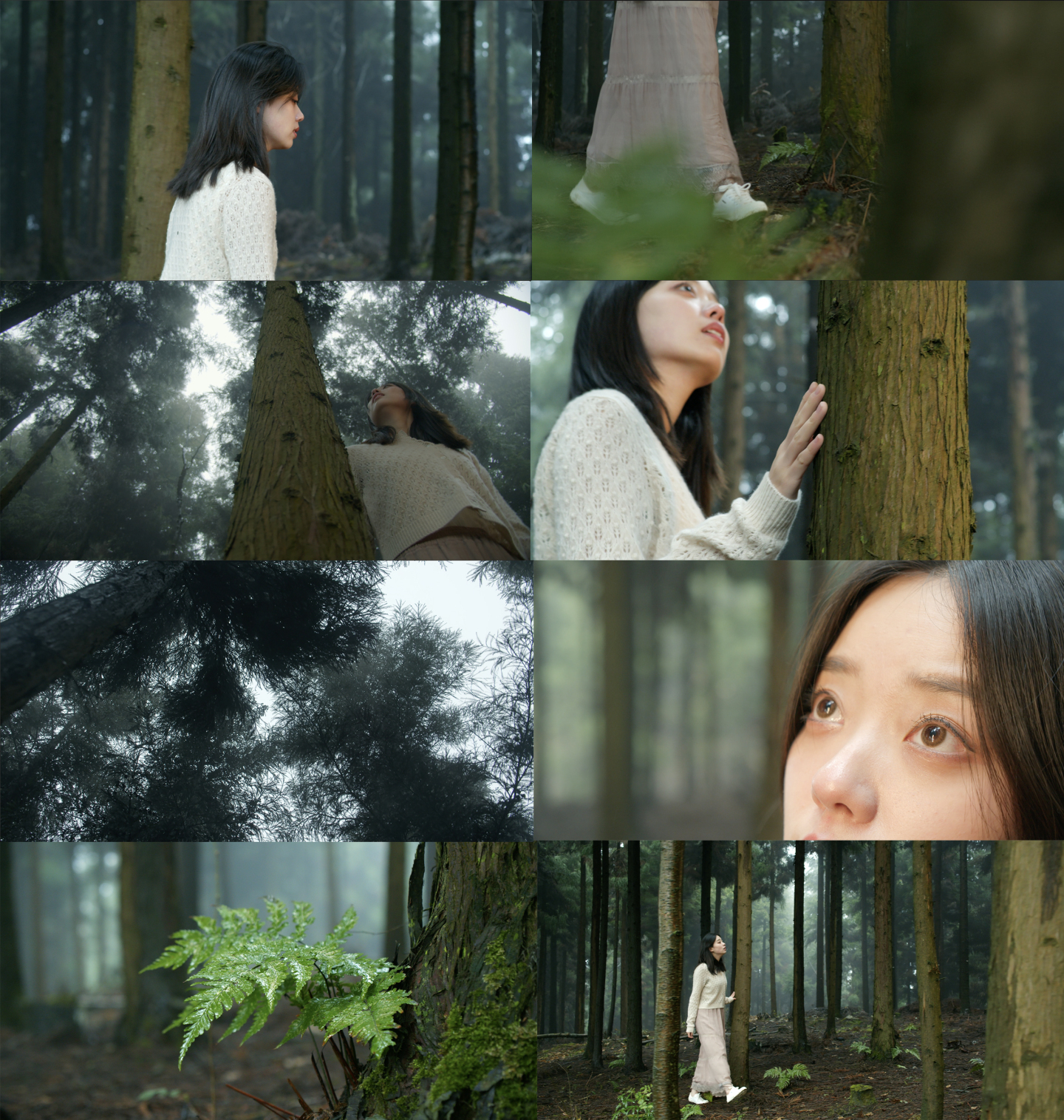 女孩走进森林亲近自然抚摸树干美女写意4k