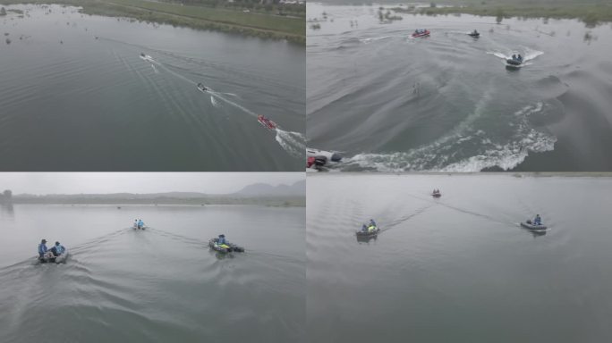 4k w 山间湖泊水上救援艇滑行白天航拍