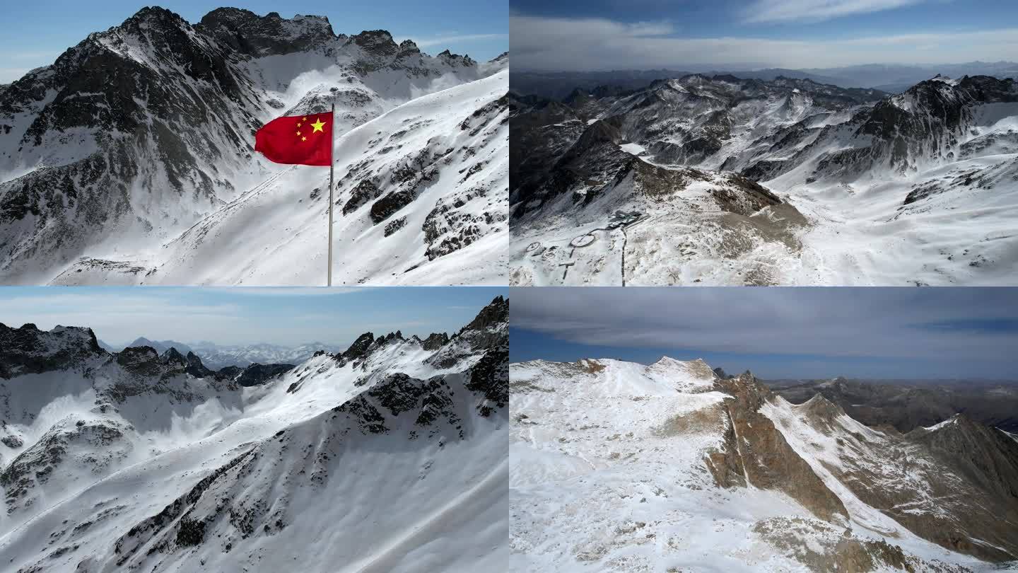 川西高原、雪山、国旗、飘动的国旗-可商用