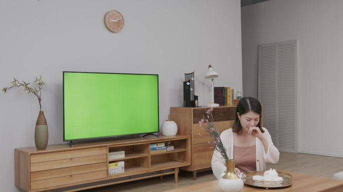 年轻女性在客厅打扫卫生电视绿屏