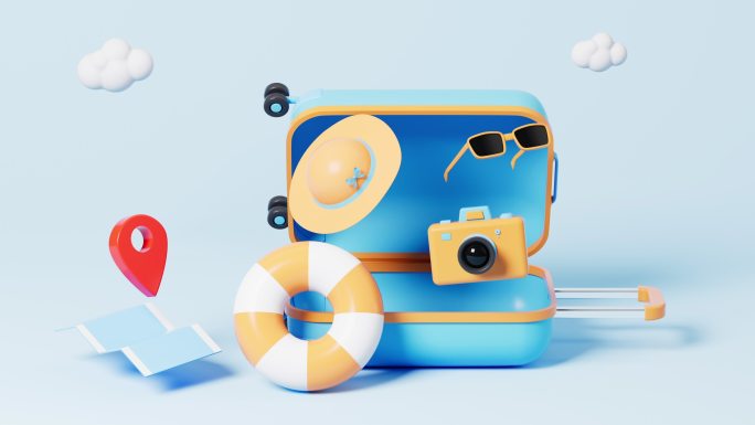 行李箱与旅游主题动画3D渲染