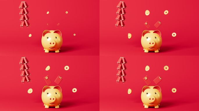 金猪与鞭炮新年主题场景3D渲染