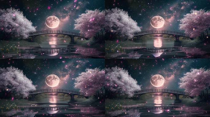4k唯美夜晚 水面桃树 月夜 月亮素材