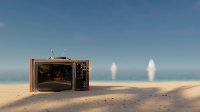 沙滩海边复古老电视机