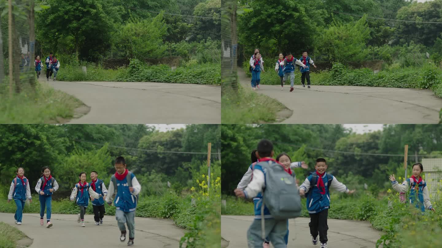 农村学生奔跑着放学回家