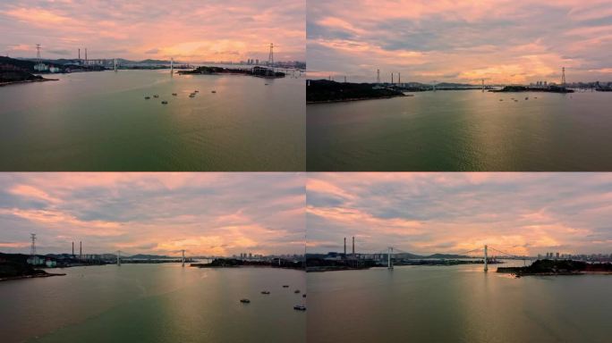 汕头海湾大桥城市航拍风景渔船落日