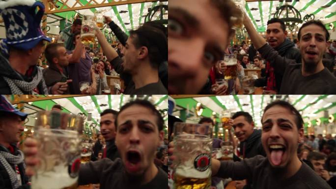 德国慕尼黑啤酒节 外国人喝啤酒碰杯 唱歌