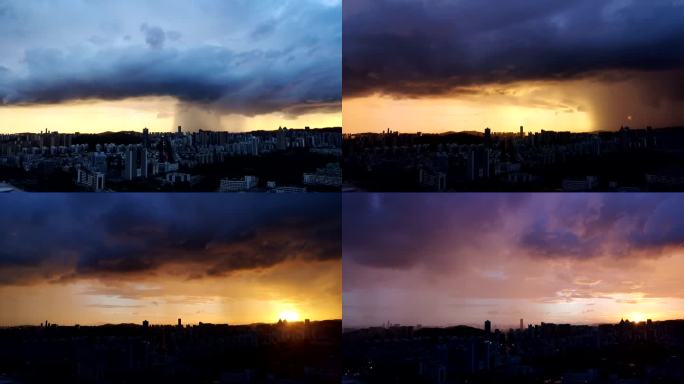 日落时城市上空影暴雨来袭的延时摄影