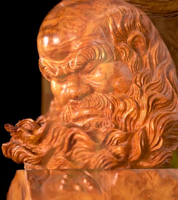 老人头胡子木头木雕雕刻木座特写展示工艺品