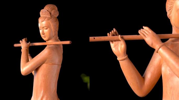 美女吹笛子木头木雕雕刻木座特写展示工艺品