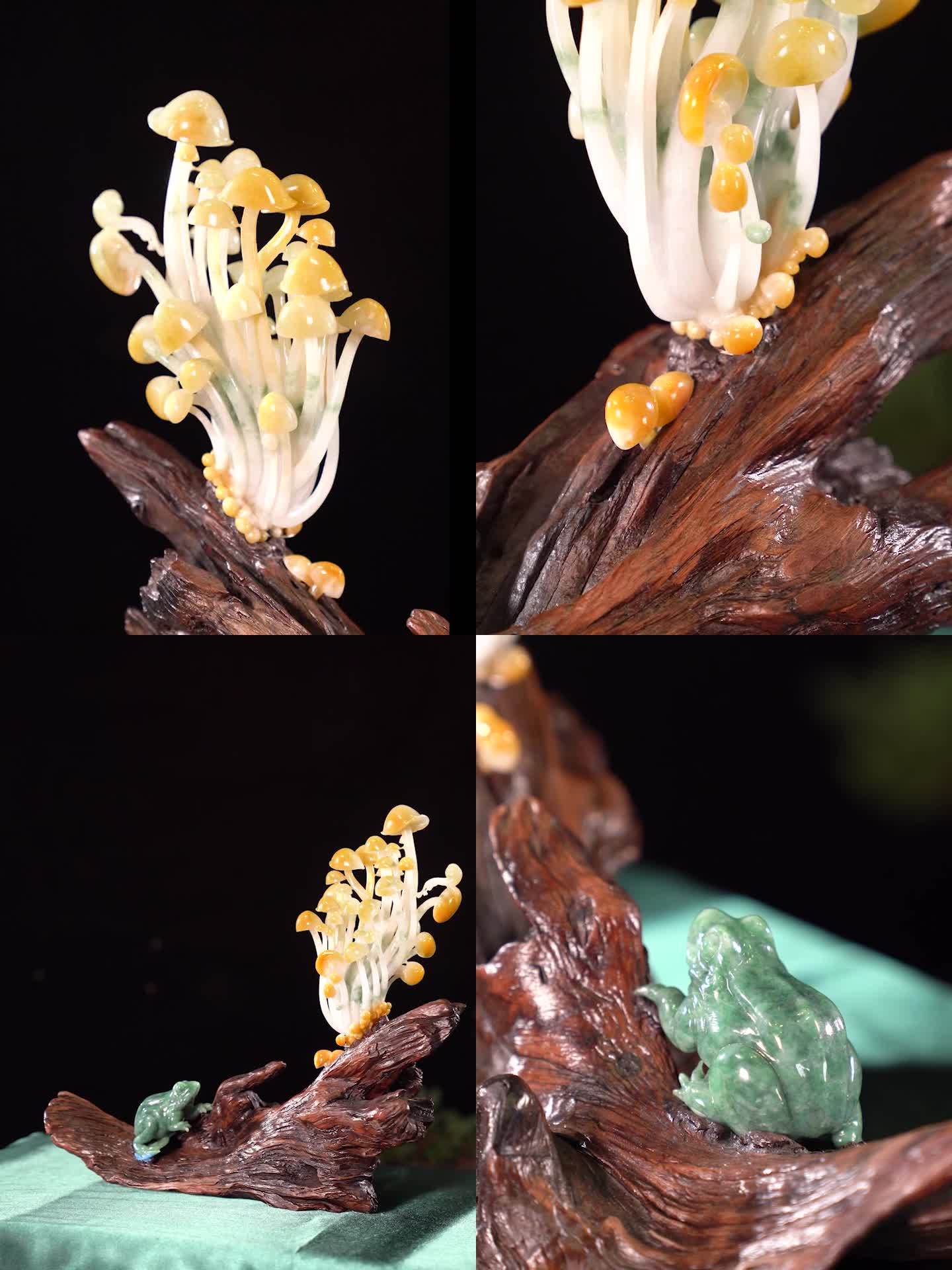 青蛙蘑菇翡翠玉石雕刻特写展示玉雕展示摆件