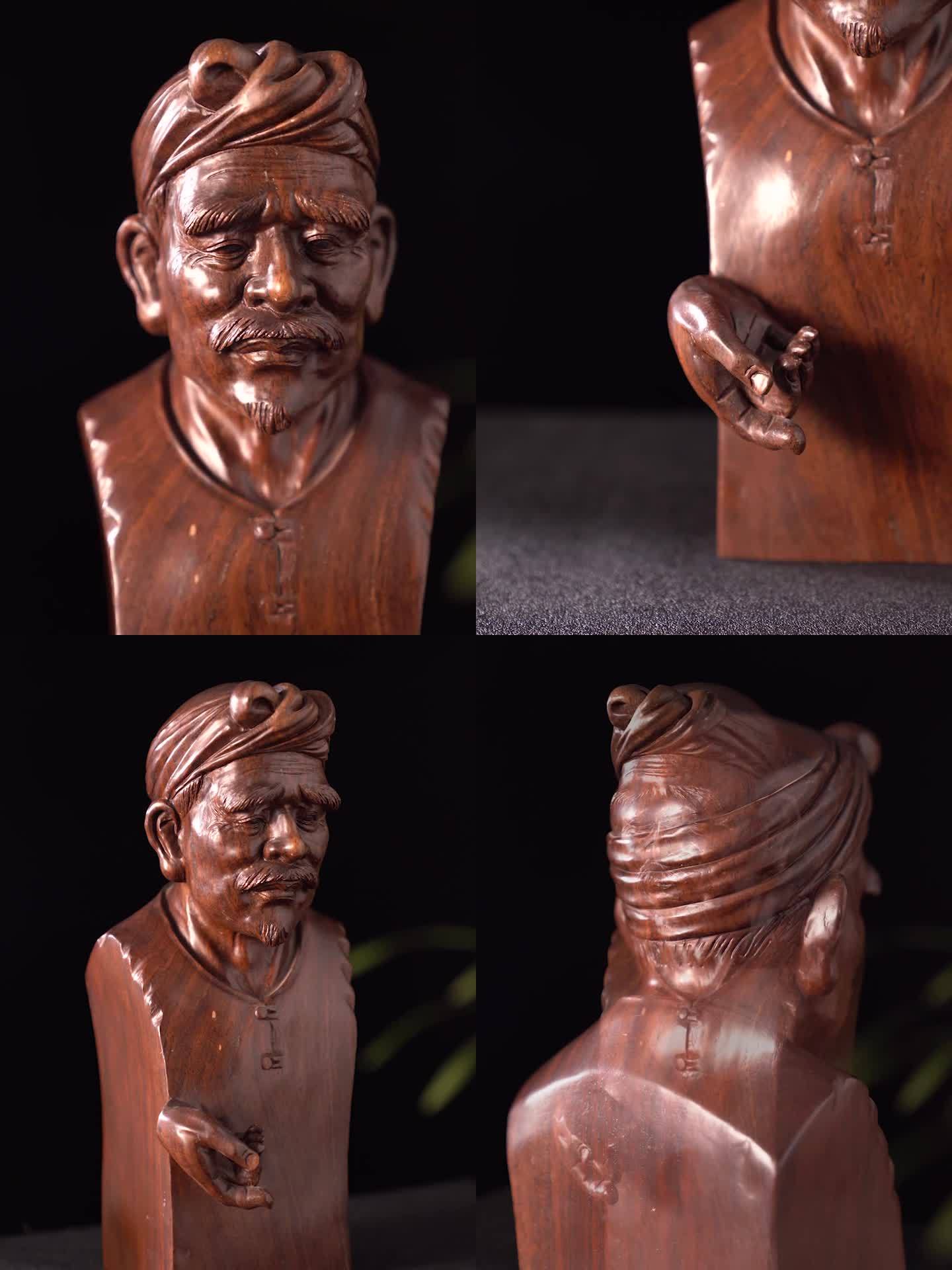 老人头木头木雕雕刻木座特写展示工艺品摆件