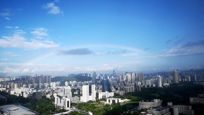 雨过天晴城市上空彩虹延时摄影