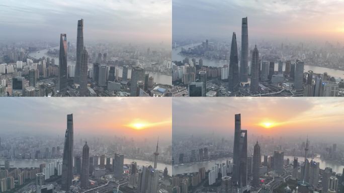 4K原素材-金色霞光中的上海城市地标