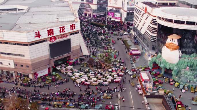 4k 航拍云南昆明斗南花市市场素材