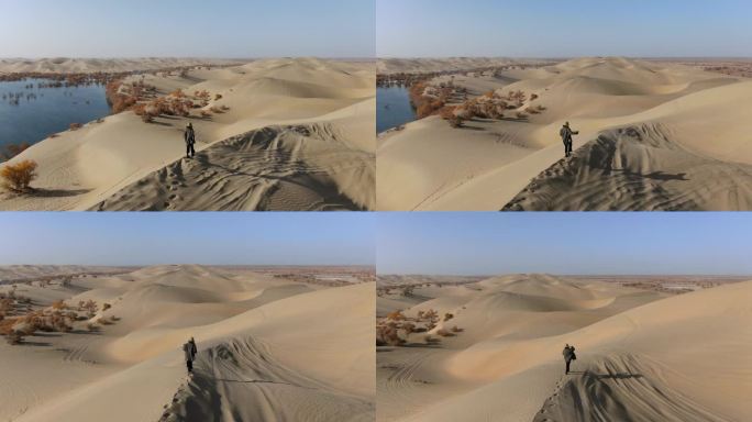 新疆塔克拉玛干沙漠绿洲实拍航拍俯视