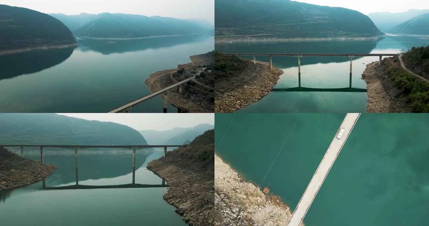 高山湖泊湖面上的桥