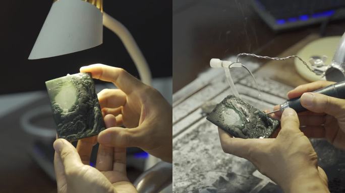 玉牌雕刻过程翡翠玉石雕刻特写展示玉雕原石